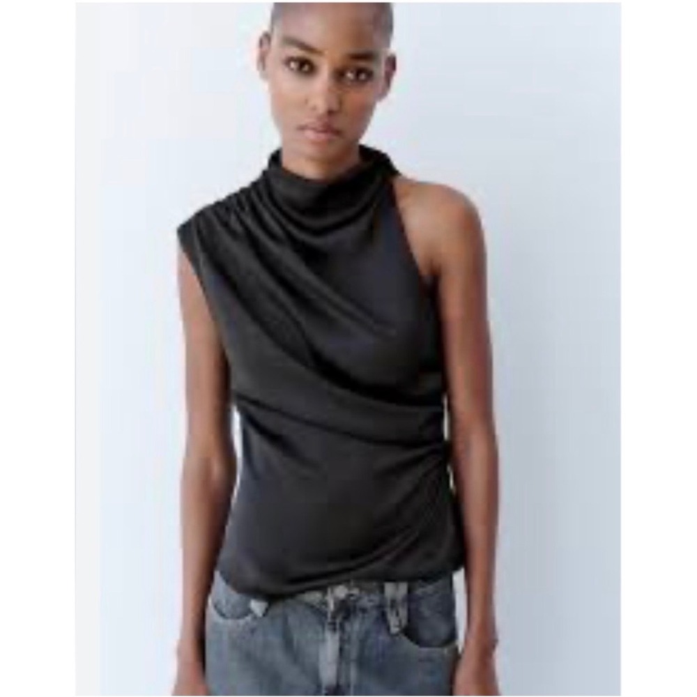 Zara Women Black Satin Draped Asymmetrical High Neck Top Sleeveless M  Capsule